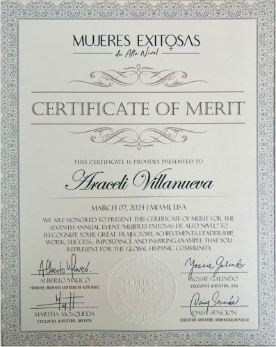 certificate_of_merit_AraceliVillanueva_MujeresExitosasdeAltoNivel2024